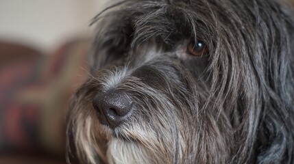 Naklejka premium terrier. Close-up portrait of a Tibetan terrier with fluffy fur and soft natural lighting. wildlife magazines, conservation campaigns, designed for eco-tourism storytelling, celebrates biodiversity.