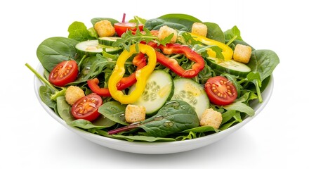 Fresh salad with baby spinach, cucumber, tomatoes, croutons, and colorful bell peppers on white plate. Concept for healthy eating, vegetarian menu and diet nutrition