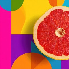A grapefruit slice rests against a colorful, geometric background of squares and circles