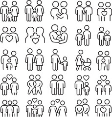 Fototapeta premium Family Icons: A collection of minimalist icons represents diverse family structures and relationships, illustrating unity, love, and kinship. 