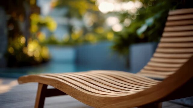 Closeup medium shot of a teak lounger outdoors highlighting smooth curves and natural finish against a softly blurred garden setting.