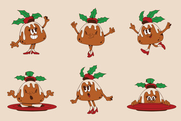 Retro Cartoon Christmas Pudding Character Set Illustration in Groovy Style