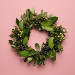 Circular evergreen wreath of diverse green leaves & berries on a soft pink background