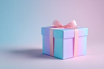 A pastel gift box with a satin ribbon bow, illuminated by blue and pink ambient lighting