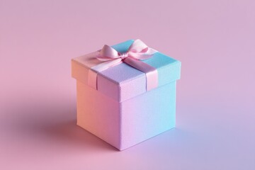 A pastel square gift box with a pink ribbon tied in a bow, gradient color scheme