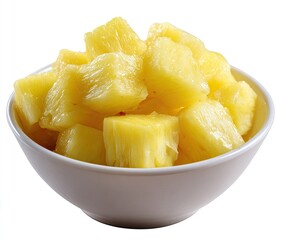 Cubes of ripe pineapple in a white bowl