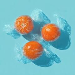 Three oranges wrapped in clear plastic on a light blue background, with shadows