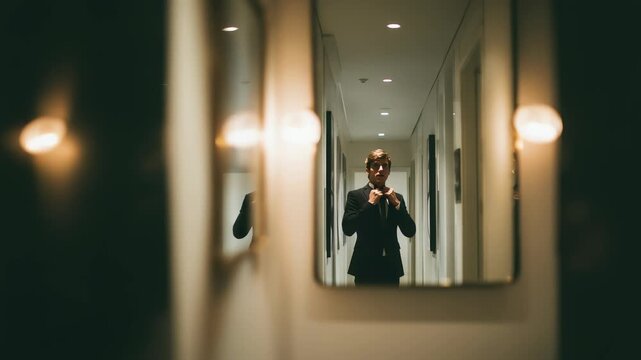 A man in a suit stands in a sleek corridor, fixing his tie while looking into a mirror, surrounded by soft lights. The scene exudes confidence, sophistication, and urban business vibes