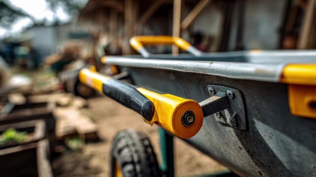 Closein medium shot of a rugged collapsible wheelbarrows locking mechanism in crisp focus contrasting with the soft indistinct outdoor workspace behind it.