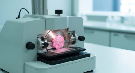 Pink food sample in a laboratory slicer
