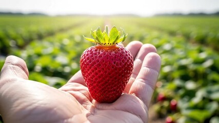 Experience the simple joy of a fresh, ripe strawberry harvested by hand, an authentic taste of nature's goodness straight from the field
