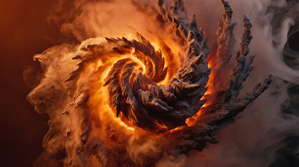 A swirling vortex of thick, abrasive smoke and ash forming sharp, aggressive spikes against a burning orange and crimson backdrop.
