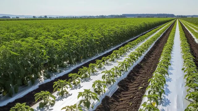 Medium shot of agricultural field using UV reflective mulch showcasing improved crop yield and efficient weed control in optimal growing conditions