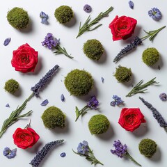 Overhead view floral pattern with red roses, green moss balls, sprigs, lavender against white