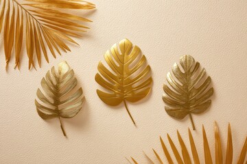 Gold-toned tropical leaves arranged on a cream-colored textured surface, flat lay composition
