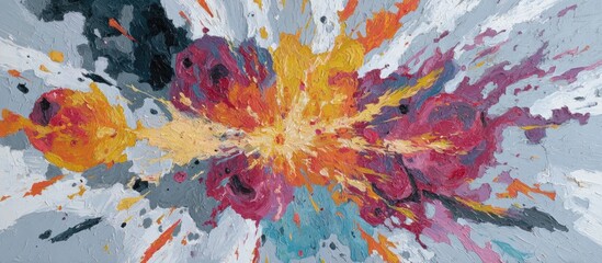 Abstract art showing a burst of colors, with orange, red, and yellow hues against gray background