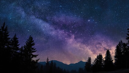 A majestic nighttime panorama dark silhouettes of trees frame a vibrant, star-filled galaxy