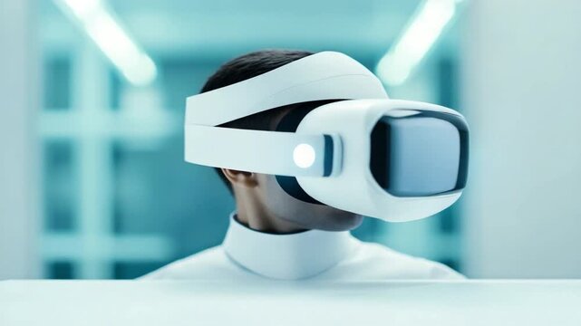 Futuristic humanoid robot with a sleek design and black visor in a high-tech environment showcasing advanced technology 4k video footage