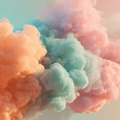 Pastel-colored smoke billows, blending peach, teal, and pink hues, creating a dreamy, ethereal scene