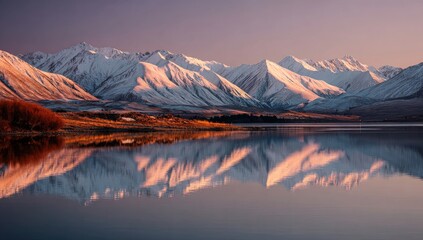 Snow-capped mountains reflect in a calm lake at dawn, orange light kisses the peaks
