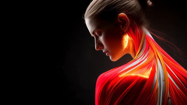 Close-up video of female anatomy, turned back view, neck and back muscle structure highlighted