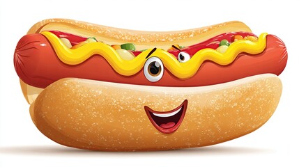 Cartoon hotdog with facial features, mustard hair, in a bun with relish and ketchup