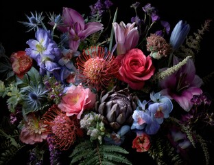 A richly colored floral arrangement with diverse blooms against a deep black background