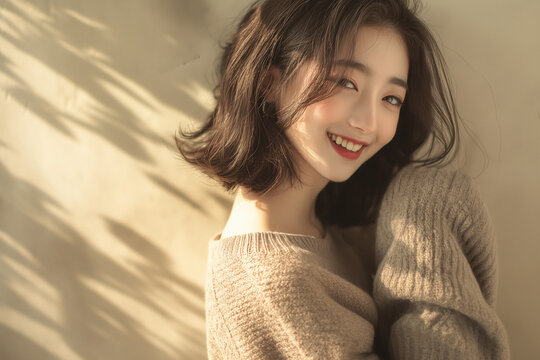 窓際で髪をなびかせる女性