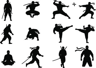 Ninja Silhouette Vector Set, Martial Arts Warriors and Japanese Fighter Icons