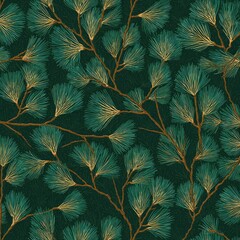 Dense pattern of teal and gold leaves on brown branches against a dark green textured background
