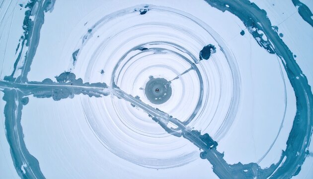 Abstract Aerial View of Circular Ice Patterns on Frozen Lake with Tire Tracks in Pale Blue and White Winter Landscape