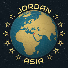 Fototapeta premium Hashemite Kingdom of Jordan on Globe. Country name round text. Vintage look with grunge scratched texture. Country view on world map in Sky Blue Light Yellow color palette. Jordan shape on map.