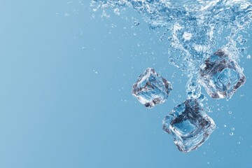 Three translucent ice cubes descending in water, creating splashes and bubbles against blue