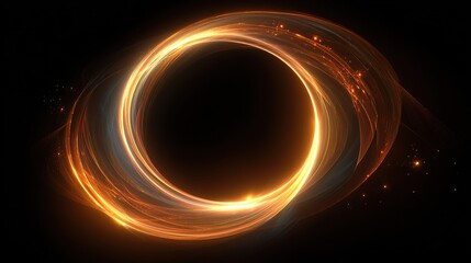 An abstract, glowing, circular form against a black background, with swirling light trails.
