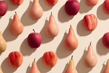 Overhead view of a patterned assortment of apples, pears, and peaches against a neutral backdrop