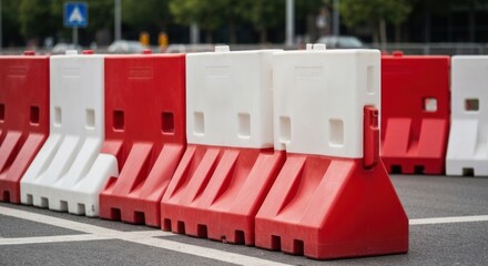 Red and white plastic traffic barriers on a paved road