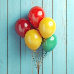Bunch of colorful balloons, tied together, against a light blue wooden backdrop