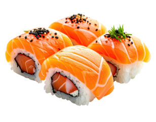 Four salmon sushi rolls, close-up
