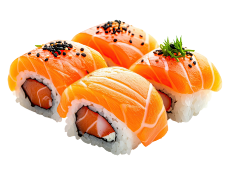 Four salmon sushi rolls, close-up