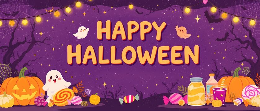 Enchanting Halloween Scene: A captivating visual composition with jack-o'-lanterns, ghosts, and festive candies, bathed in the spooky glow of an eerie, moonlit night. 