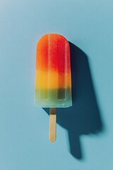 A colorful popsicle with layered hues cast a shadow against a pale blue backdrop