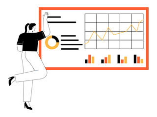 Businesswoman looking at a large monitor screen and editing some of her work. Businesswoman illustration. Flat vector illustration.
