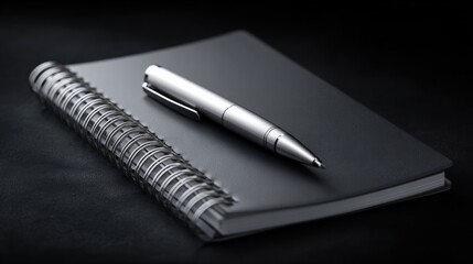 Minimalist modern desk scene with spiral notebook and pen studio setting close-up view elegant simplicity for creative inspiration