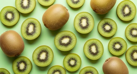 Overhead flat lay of sliced and whole kiwis arranged on a light green surface, concept for healthy eating promotion, raw food diet illustration and fruit market advertisement
