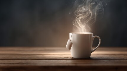 Warm steam rising from a white ceramic mug on a rustic wooden table minimalist photoreal design cozy atmosphere close-up view