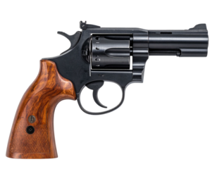 A black revolver handgun with wood grip