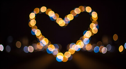 Abstract Heart Shape Made of Bokeh Lights on Dark Background Representing Love