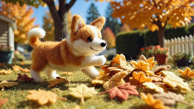 Corgi puppy with autumn leaves in bright sunlight outdoors