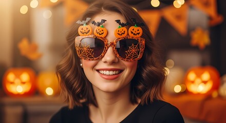 Spooktacular Smile: A delightful lady radiates joy, adorned with playful Halloween-themed eyewear, embodying the spirit of seasonal fun.