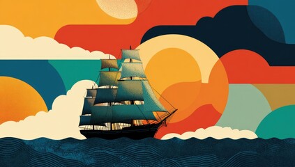A stylized sailing ship navigating a colorful sky with sun and clouds